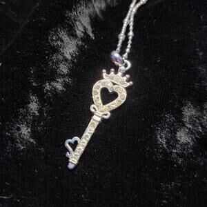 Heart Key Pendant Necklace Rhinestone Silver Tone Cute Crown Cookie Lee